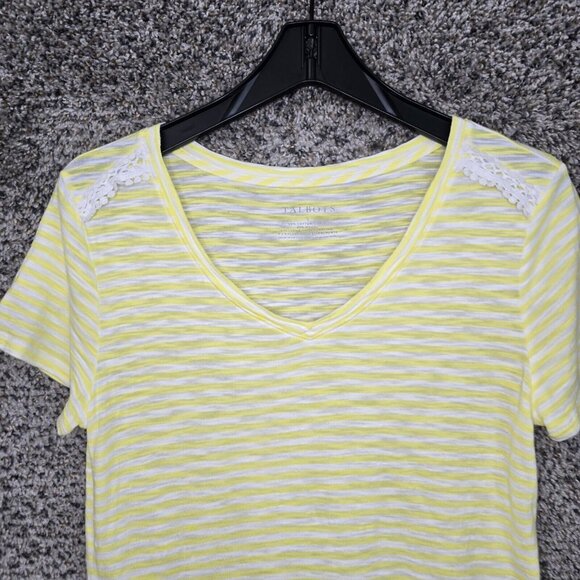 Talbots Top Womens Small Yellow Striped Slub Knit V Neck Cotton Modal Casual - Picture 4 of 7